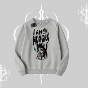 Am Hungry Kedi Baskılı Biskilet Sweatshirt