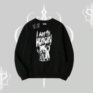 Am Hungry Kedi Baskılı Biskilet Sweatshirt
