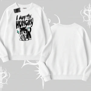 Am Hungry Kedi Baskılı Biskilet Sweatshirt
