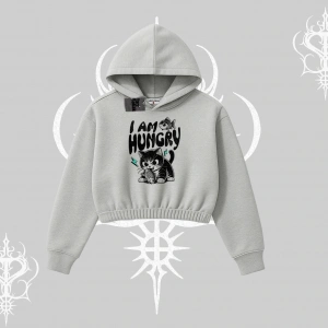 Am Hungry Kedi Baskılı Kapşonlu Crop Sweatshirt