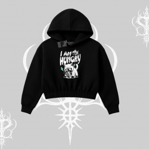 Am Hungry Kedi Baskılı Kapşonlu Crop Sweatshirt