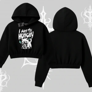 Am Hungry Kedi Baskılı Kapşonlu Crop Sweatshirt