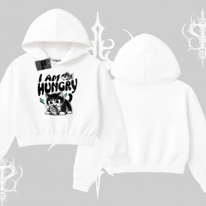 Am Hungry Kedi Baskılı Kapşonlu Crop Sweatshirt