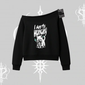 Am Hungry Kedi Baskılı Kayık Yaka Sweatshirt