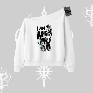 Am Hungry Kedi Baskılı Kayık Yaka Sweatshirt