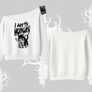 Am Hungry Kedi Baskılı Kayık Yaka Sweatshirt