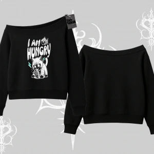 Am Hungry Kedi Baskılı Kayık Yaka Sweatshirt