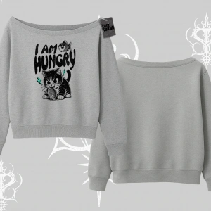 Am Hungry Kedi Baskılı Kayık Yaka Sweatshirt