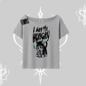 Am Hungry Kedi Baskılı Kayık Yaka Tshirt