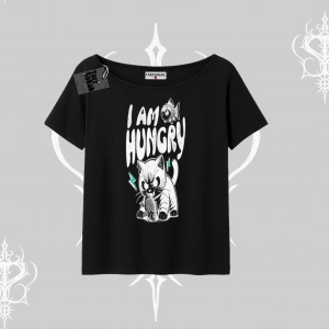 Am Hungry Kedi Baskılı Kayık Yaka Tshirt