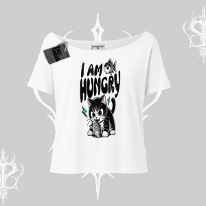 Am Hungry Kedi Baskılı Kayık Yaka Tshirt