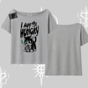 Am Hungry Kedi Baskılı Kayık Yaka Tshirt