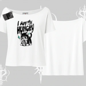 Am Hungry Kedi Baskılı Kayık Yaka Tshirt