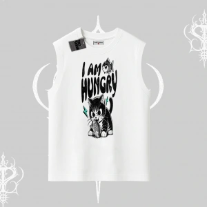 Am Hungry Kedi Baskılı Kolsuz Tshirt