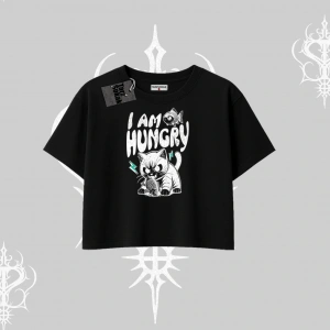 Am Hungry Kedi Baskılı Oversize Crop Tshirt