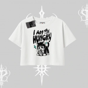 Am Hungry Kedi Baskılı Oversize Crop Tshirt