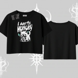 Am Hungry Kedi Baskılı Oversize Crop Tshirt