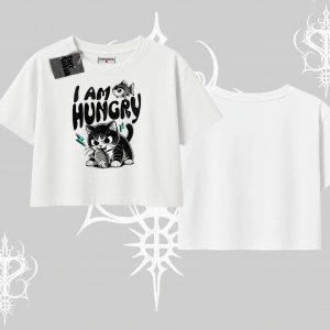 Am Hungry Kedi Baskılı Oversize Crop Tshirt