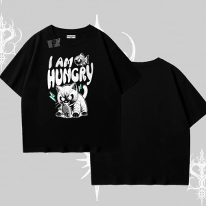 Am Hungry Kedi Baskılı Oversize Tshirt