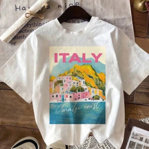Amalfi Sahili İtalya Yaz Plaj Kıyafetleri Grafik Rahat Kadın Yuvarlak Yaka Kısa Kollu Tişört