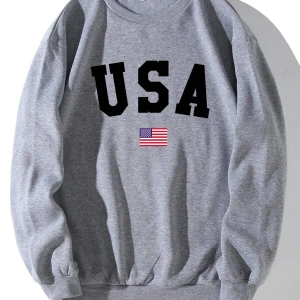 American Flag & Letter Graphic Lined Sweatshirt Gri