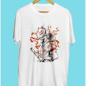 Anime Demon Slayer Maskeli Kedi Tasarım Baskılı Unisex Tişört