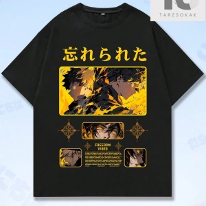 Anime Erkek Figürü ve Japon Harf Grafikli Tişört