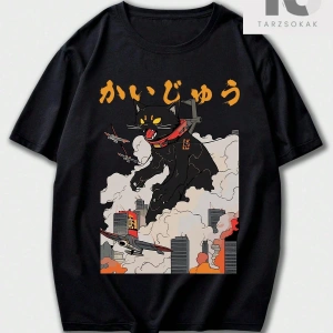 Anime Erkek Harfli Kedi Baskı Kısa Kollu Tişört