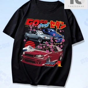 Anime Erkekler Pamuk Araba ve Mektup Grafikli Tişört