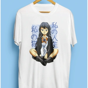 Anime Genç Kız Ve Evcil Kedisi Tasarım Baskılı Unisex Tişört