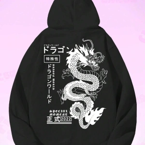 Anime Guys Dragon & Letter Graphic Drawstring Lined Hoodie Beyaz