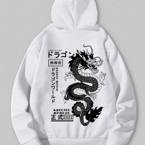Anime Guys Dragon & Letter Graphic Drawstring Lined Hoodie Beyaz
