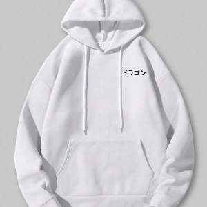 Anime Guys Dragon & Letter Graphic Drawstring Lined Hoodie Beyaz