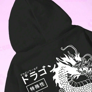 Anime Guys Dragon & Letter Graphic Drawstring Lined Hoodie Beyaz