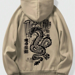 Anime Guys Dragon & Slogan Graphic Raglan Sleeve Drawstring Hoodie Haki