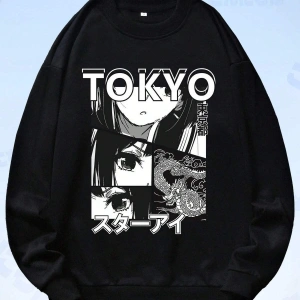 Anime Guys Letter Figure Graphic Sweatshirt Siyah