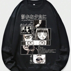 Anime Guys Slogan & Figure Graphic Sweatshirt Siyah