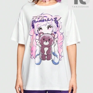 Anime Kadın Sevimli Büyük Boy Kısa Kollu Tişört Karikatür Kız Ve Ayı Baskı
