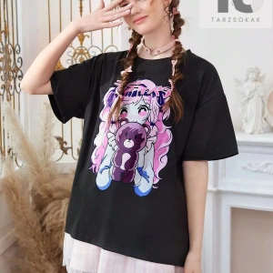Anime Kadın Sevimli Büyük Boy Kısa Kollu Tişört Karikatür Kız Ve Ayı Baskı