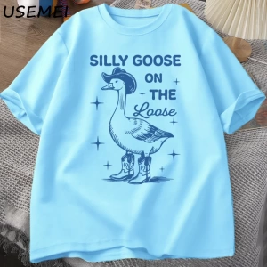 Aptal Kaz Gevşek T Shirt Erkekler Kadınlar için Komik Cowgirl Batı Tee90s Moda Yuvarl 2822