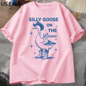 Aptal Kaz Gevşek T Shirt Erkekler Kadınlar için Komik Cowgirl Batı Tee90s Moda Yuvarl 2822