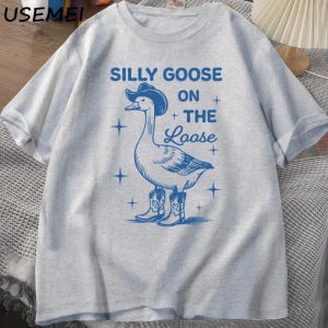 Aptal Kaz Gevşek T Shirt Erkekler Kadınlar için Komik Cowgirl Batı Tee90s Moda Yuvarl 2822