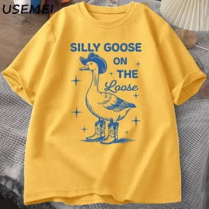 Aptal Kaz Gevşek T Shirt Erkekler Kadınlar için Komik Cowgirl Batı Tee90s Moda Yuvarl 2822