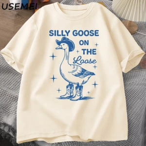 Aptal Kaz Gevşek T Shirt Erkekler Kadınlar için Komik Cowgirl Batı Tee90s Moda Yuvarl 2822