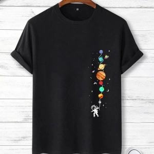 Astronot Ve Gezegen Baskılı Unisex Oversize T-Shirt