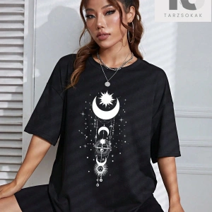 Ay Desenli Düşük Omuz Tişört