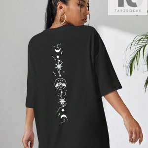 Ay Ve Güneş Baskılı Düşük Omuz Oversize Tişört