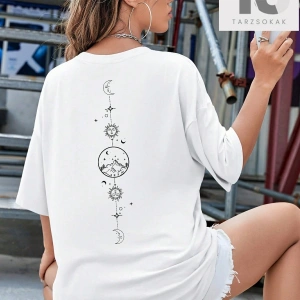 Ay Ve Güneş Baskılı Düşük Omuz Oversize Tişört