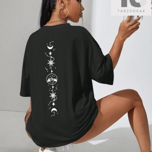 Ay Ve Güneş Baskılı Düşük Omuz Oversize Tişört