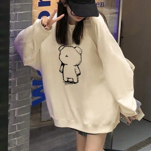 Ayı Desenli Düşük Omuz Büyük Beden Sweat Bej